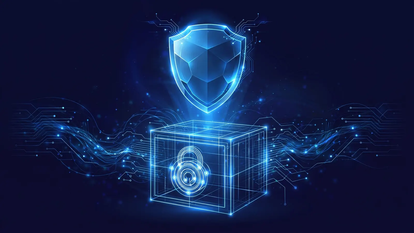 Dark navy illustration of a protective shield, Rankwox privacy policy