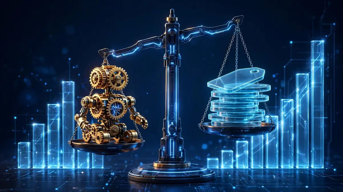 AI automation cost breakdown with investment scales illustration