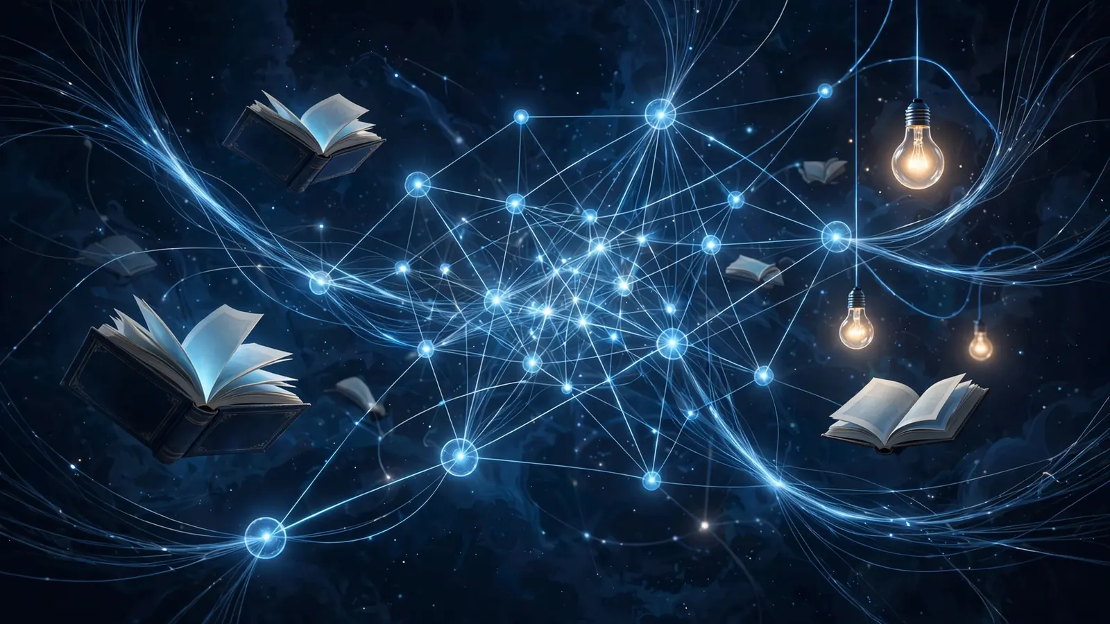 Dark navy knowledge network illustration, Rankwox marketing topic hubs