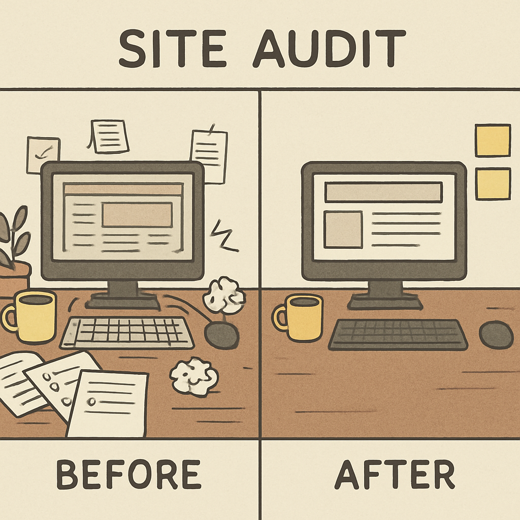 A clean, organized workspace contrasted with a cluttered one to represent the 'before and after' of a site audit.